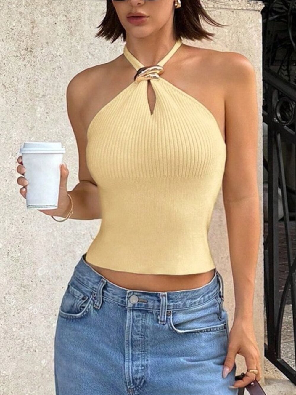 Yellow Casual Women's Metal Decor Halter Knit Top